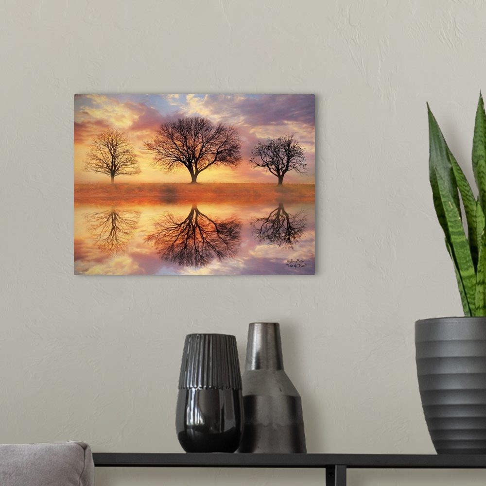 A modern room featuring Photograph of a landscape with sunset colors and trees reflecting in the water.