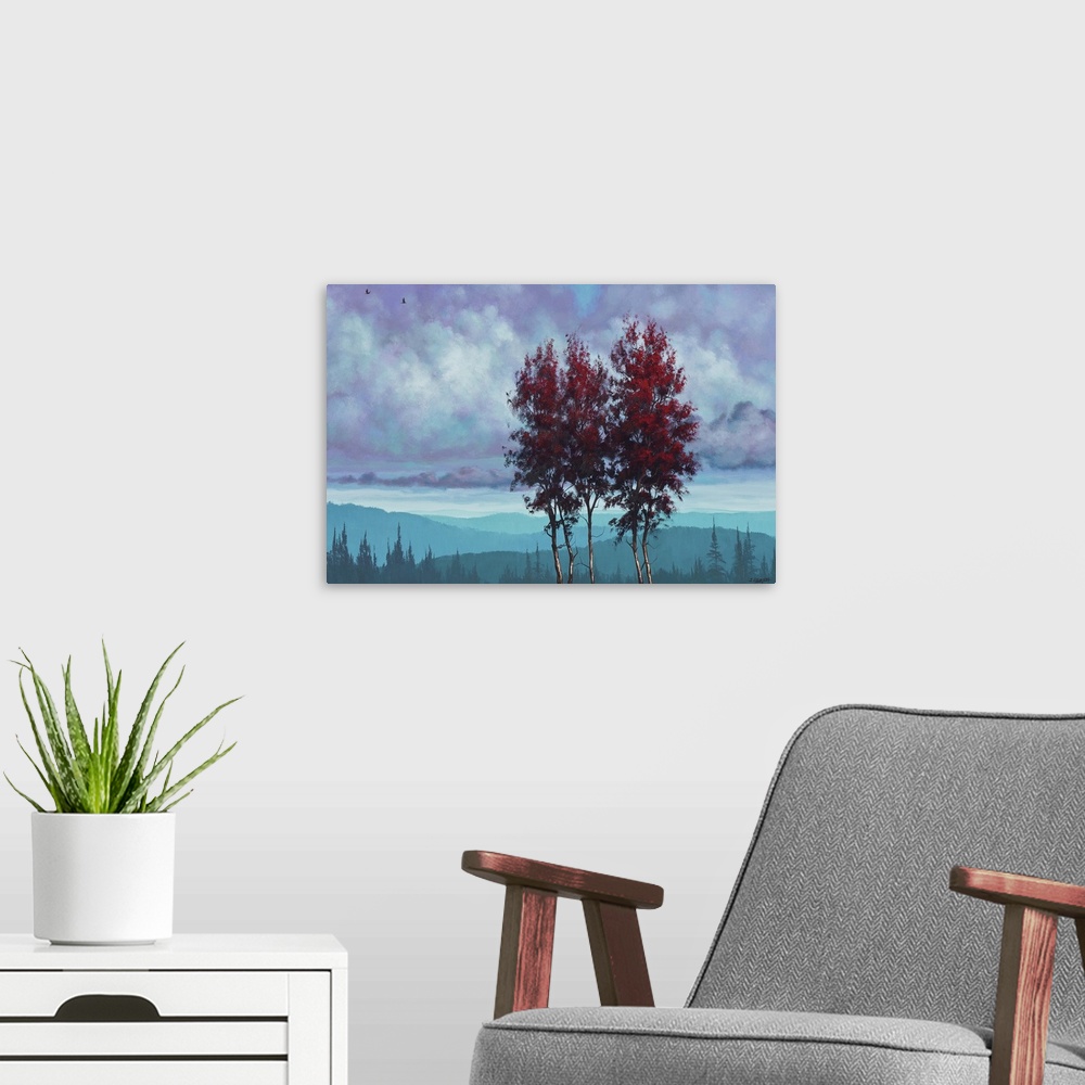 A modern room featuring Contemporary artwork of two tall trees with red leaves over a blue landscape.