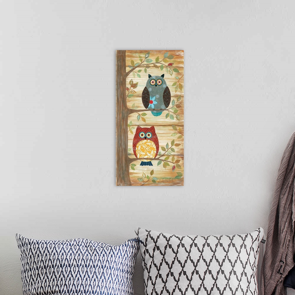A bohemian room featuring Cute illustration of two owls with floral designs, perched on leafy branches.