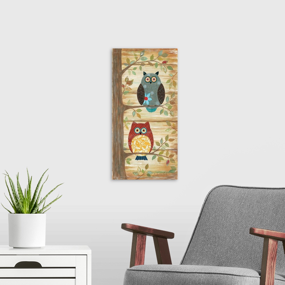 A modern room featuring Cute illustration of two owls with floral designs, perched on leafy branches.