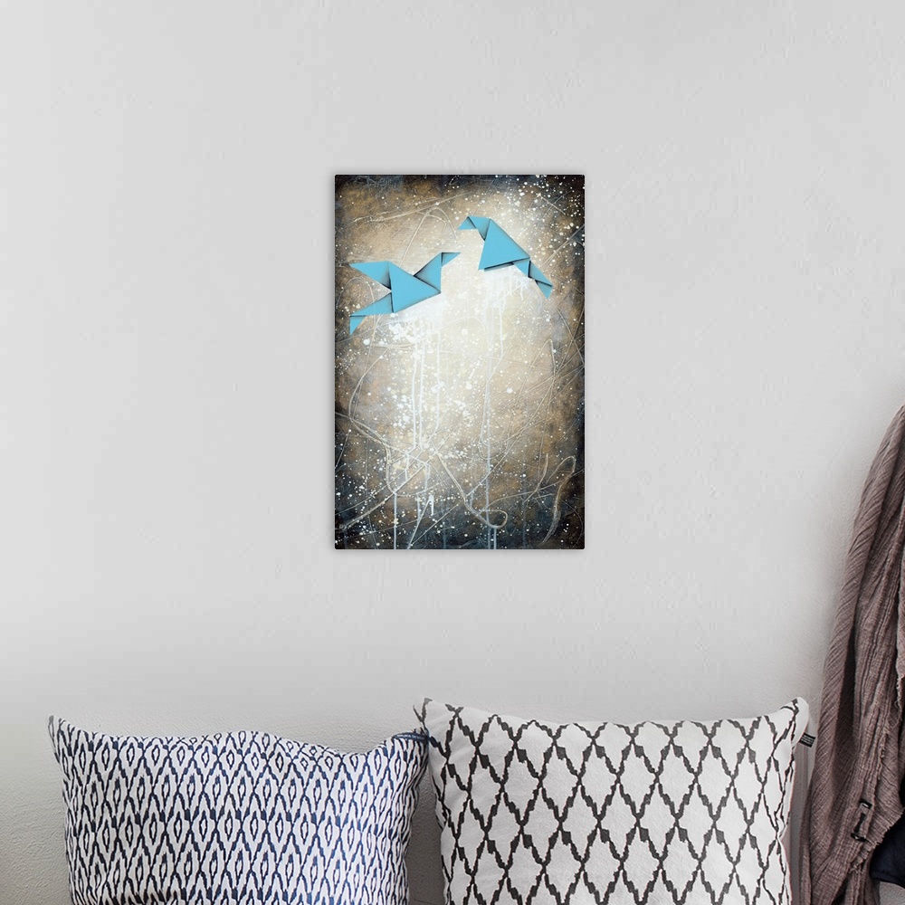A bohemian room featuring Contemporary art print of two blue origami birds on a background of paint splatters.