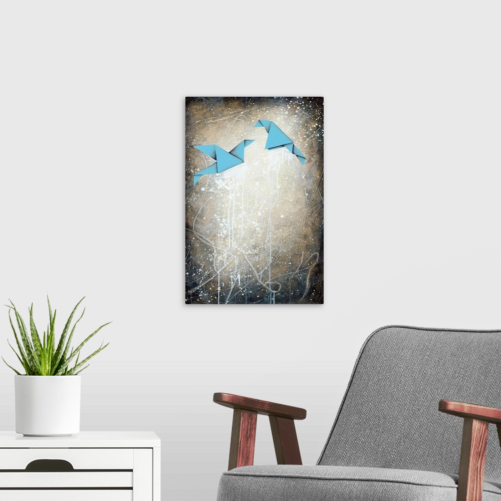 A modern room featuring Contemporary art print of two blue origami birds on a background of paint splatters.