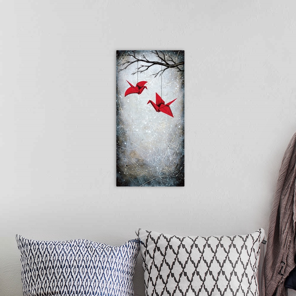 A bohemian room featuring Contemporary art print of two red origami cranes hanging from a branch.