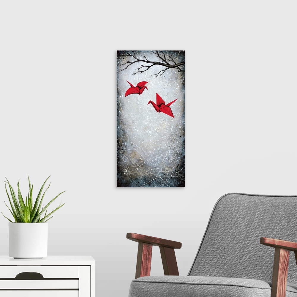 A modern room featuring Contemporary art print of two red origami cranes hanging from a branch.