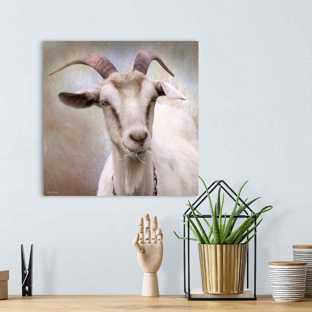 A bohemian room featuring Contemporary art print of a happy goat with grass in its mouth.