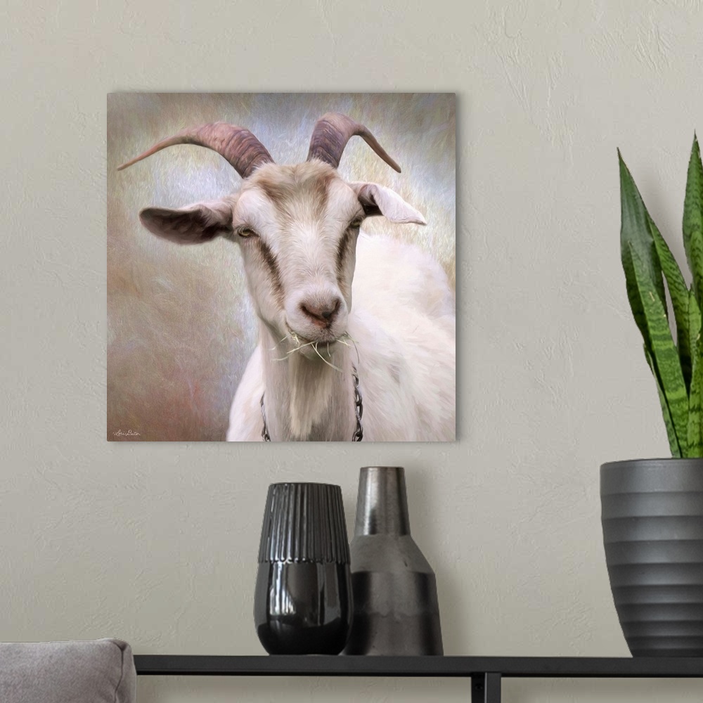 A modern room featuring Contemporary art print of a happy goat with grass in its mouth.