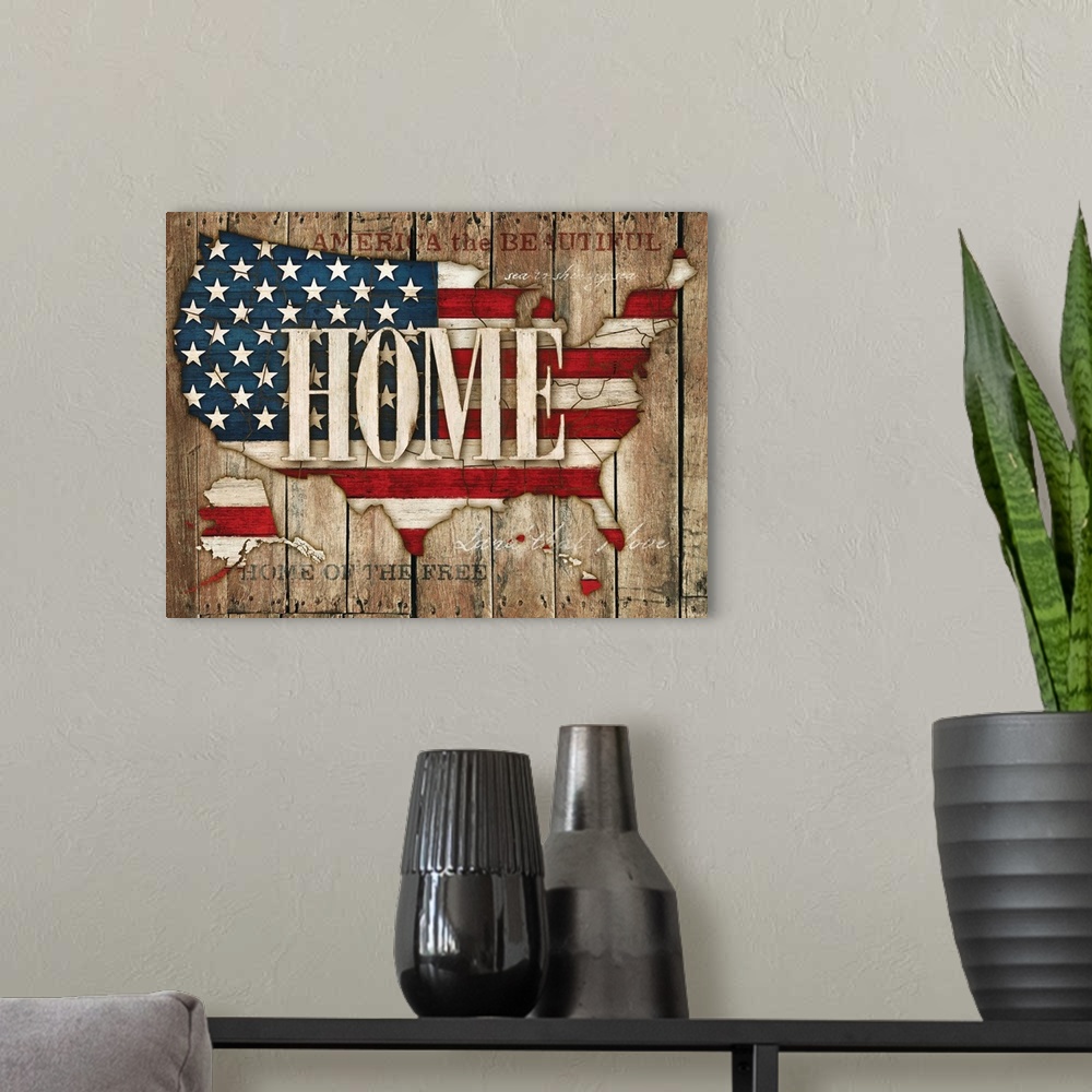 A modern room featuring Artwork of an outline of the USA filled with the American flag.