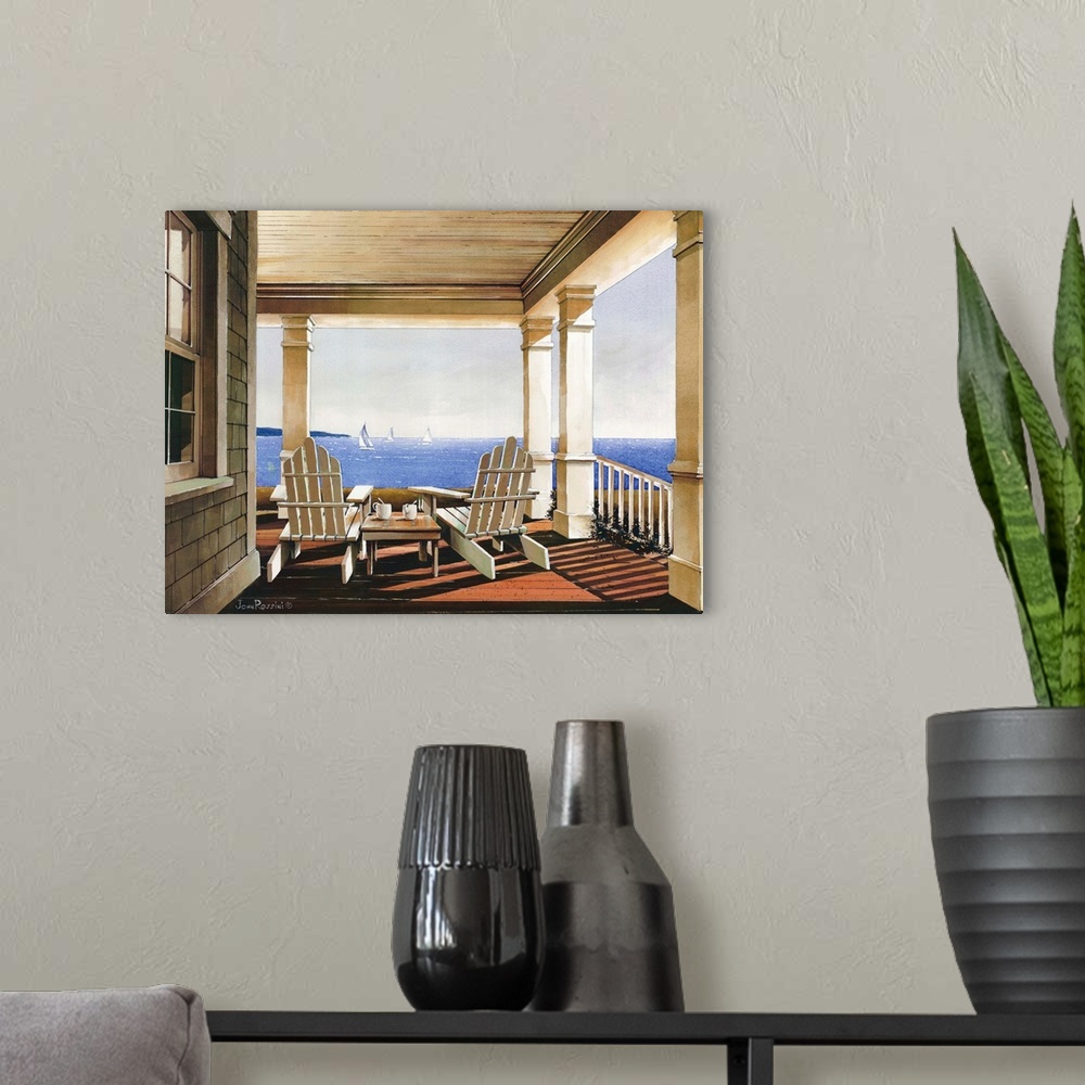 A modern room featuring Art print of adirondack chairs on a covered porch overlooking the ocean in afternoon light.