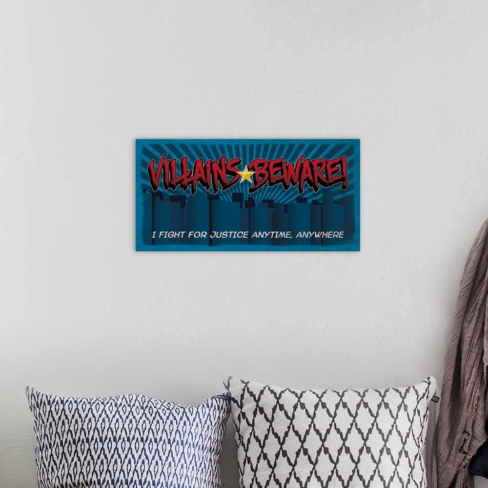 A bohemian room featuring Superhero themed kids' typography art, of a comic book style cityscape with red text.