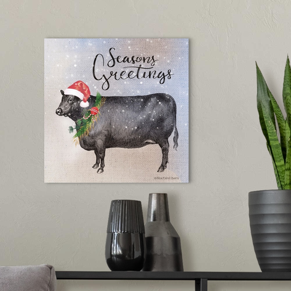 A modern room featuring Vintage Christmas Be Merry Cow