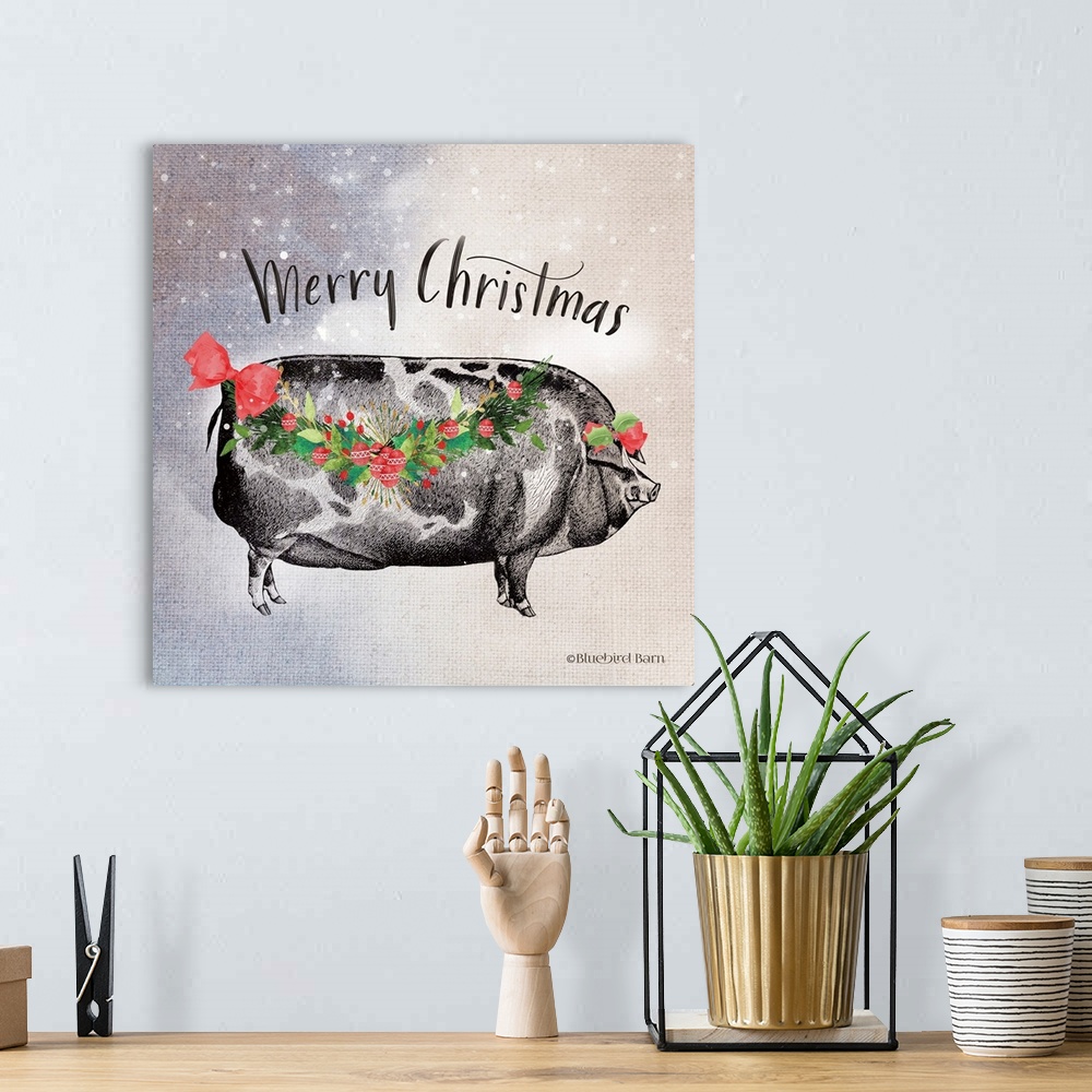 A bohemian room featuring Vintage Christmas Be Merry Pig