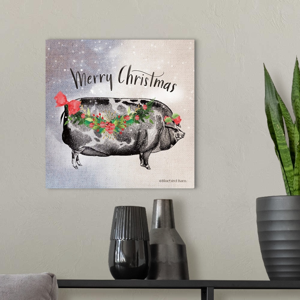 A modern room featuring Vintage Christmas Be Merry Pig