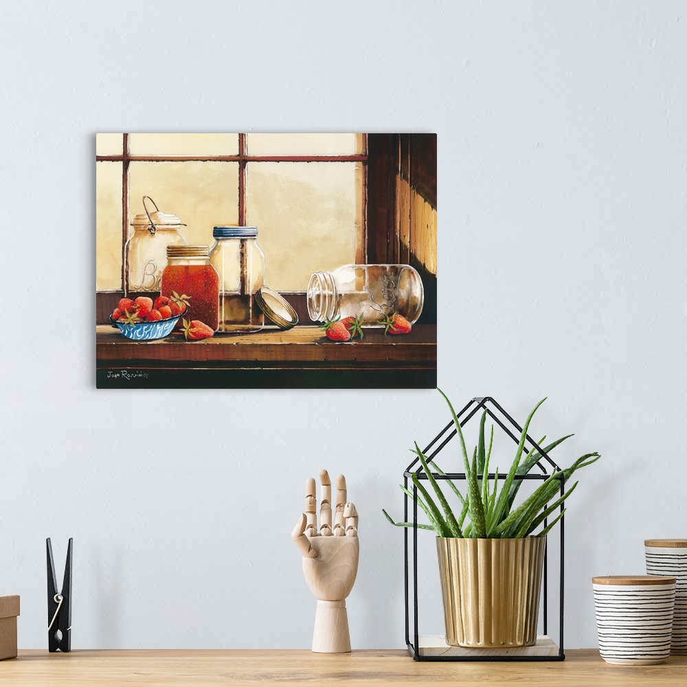 A bohemian room featuring Still life artwork of mason jars in the process of being filled with strawberry jam on a window s...