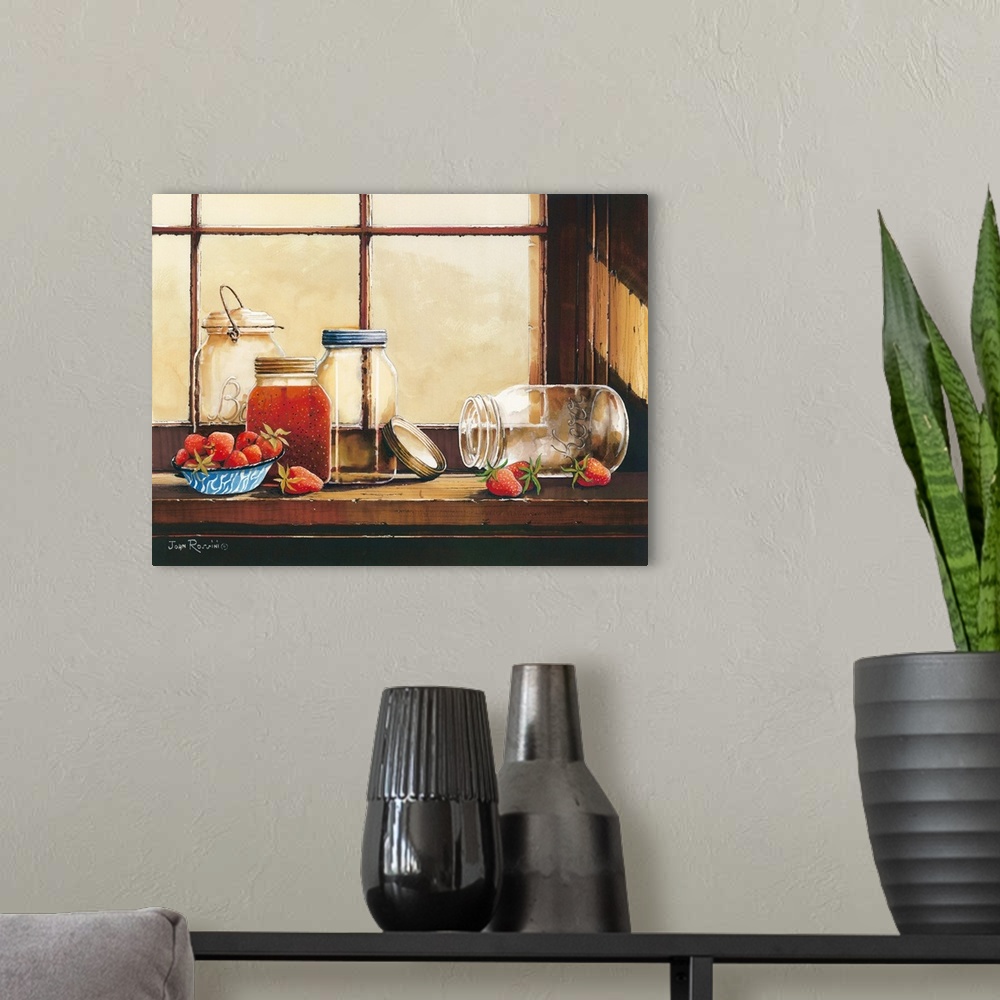 A modern room featuring Still life artwork of mason jars in the process of being filled with strawberry jam on a window s...