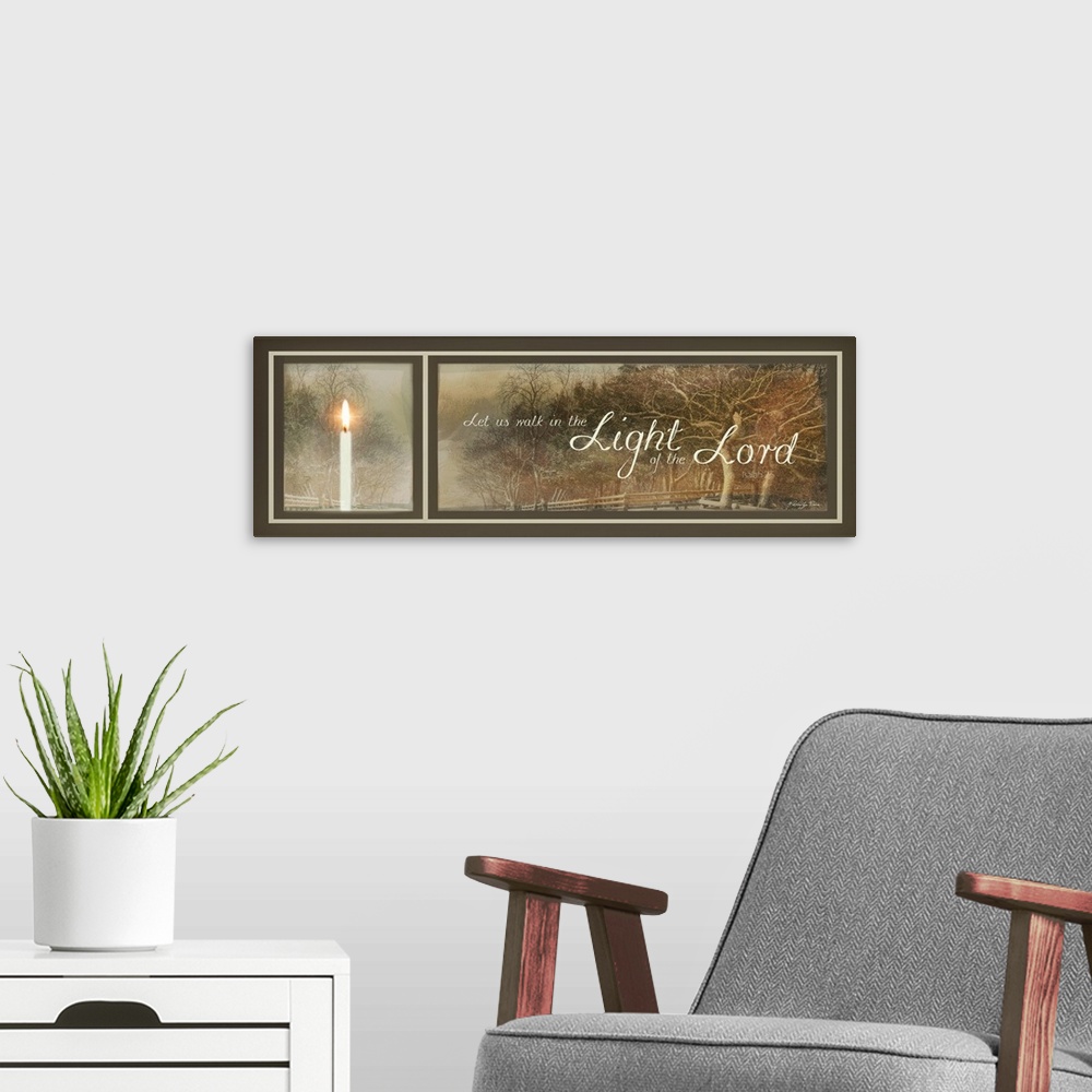 A modern room featuring Faith-based artwork of a peaceful countryside scene with a lit candle in the foreground.