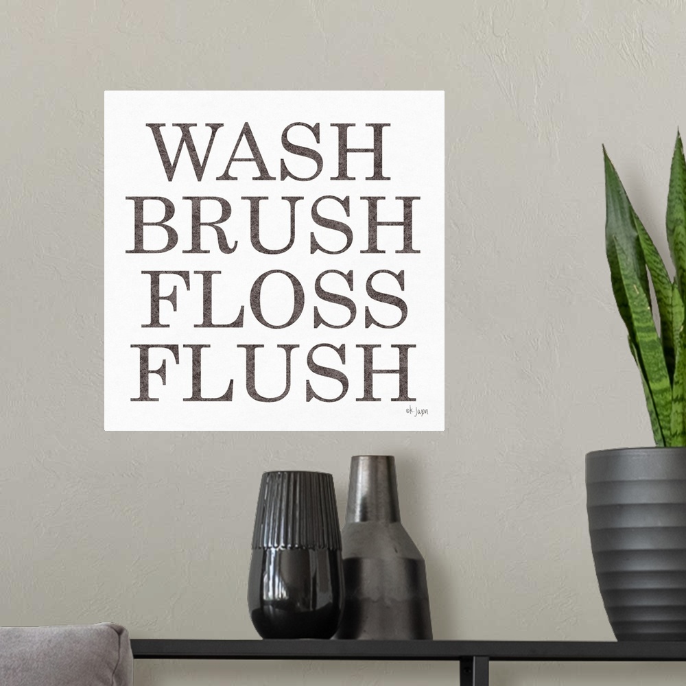 A modern room featuring Wash Brush Floss Flush