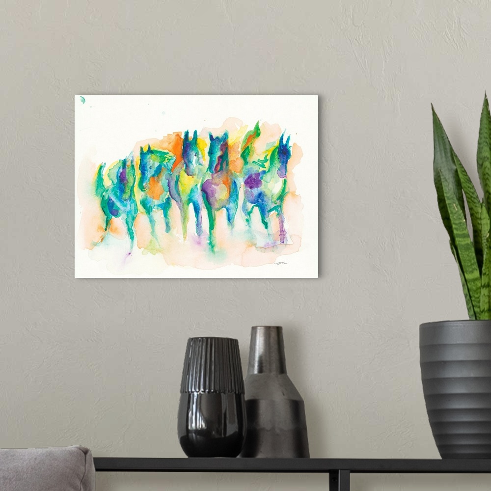 A modern room featuring Watercolor Horses