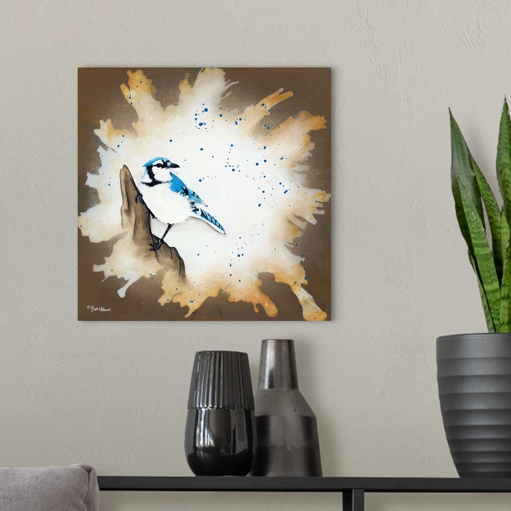 A modern room featuring Contemporary painting of a Blue Jay on the rock with a textured border.