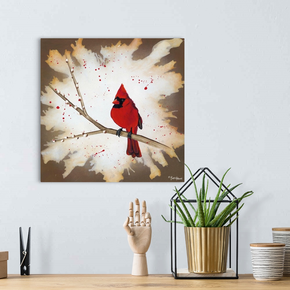 A bohemian room featuring Contemporary painting of a red Cardinal on a branch with a textured border.