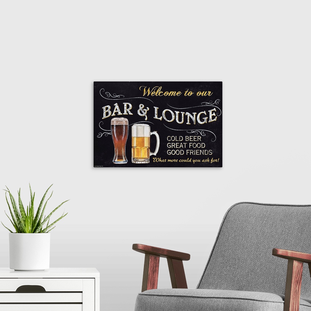 A modern room featuring A chalkboard style sign with a beer glass and mug.