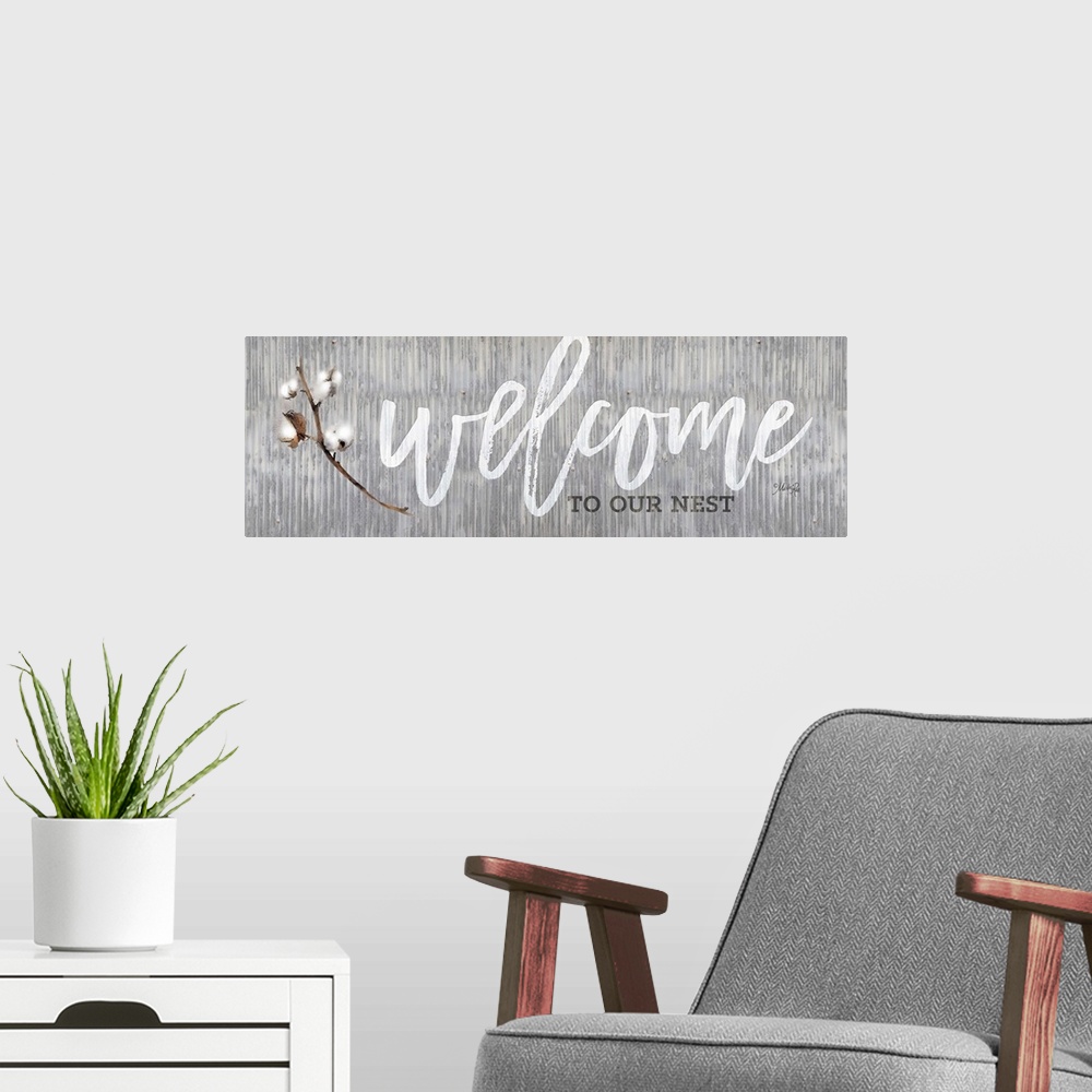 A modern room featuring "Welcome to Our Nest" on a gray distressed metal background.