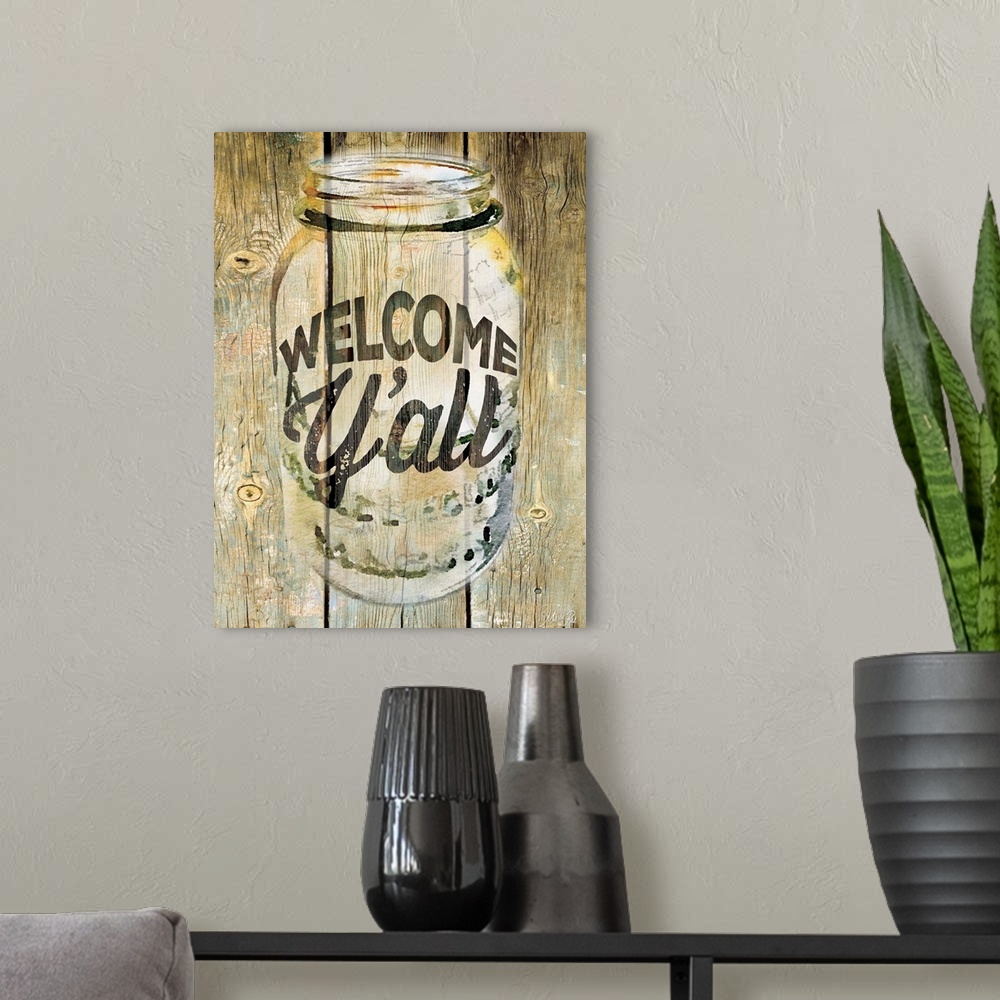 A modern room featuring Welcome Y'all