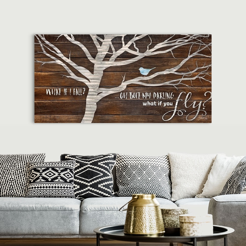 A bohemian room featuring "What If I Fall?...Oh But My Darling What If You Fly?" " with a design of a bird on a tree on a b...