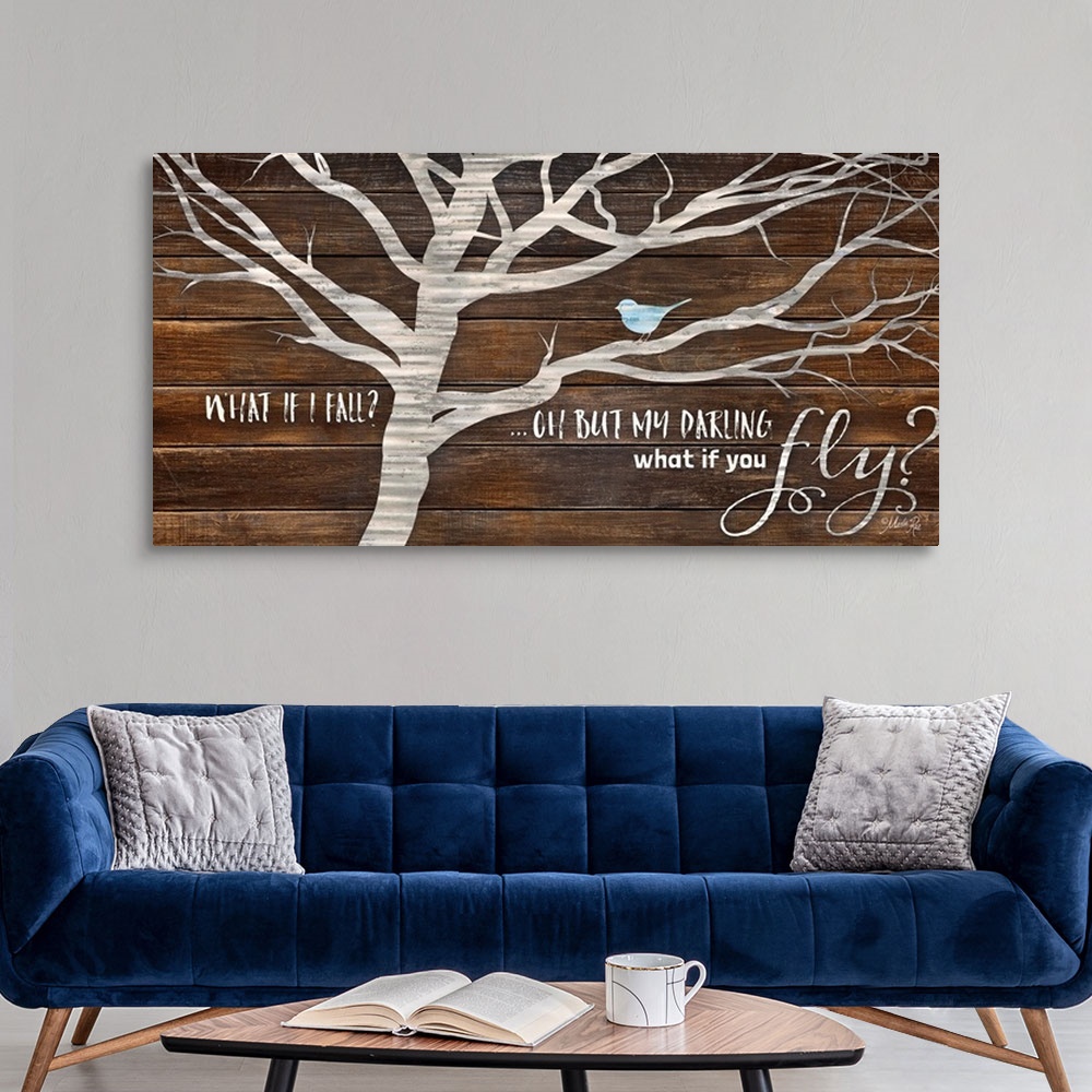A modern room featuring "What If I Fall?...Oh But My Darling What If You Fly?" " with a design of a bird on a tree on a b...