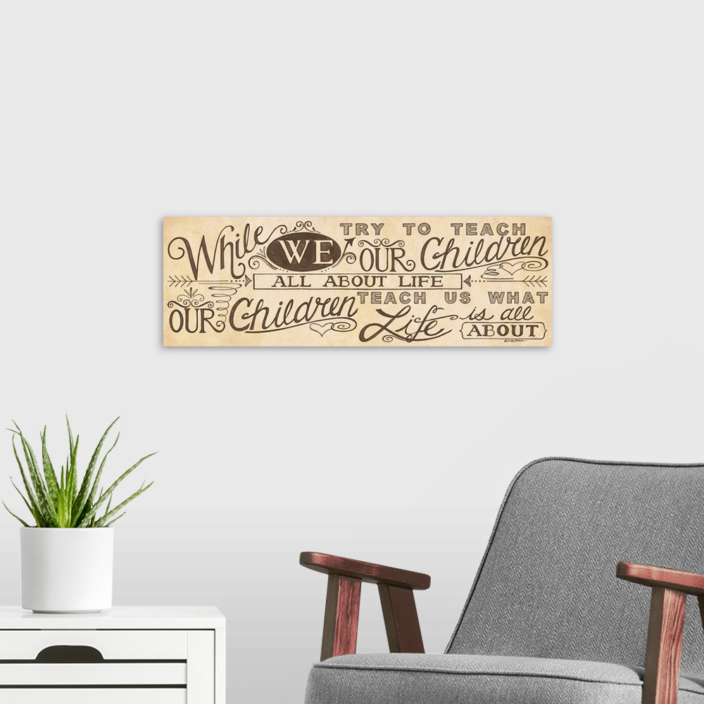 A modern room featuring Handlettered home decor art, with dark lettering against a brown distressed background.