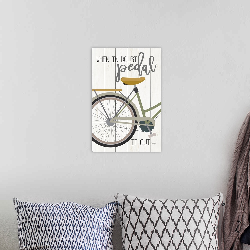 A bohemian room featuring "When In Doubt Pedal It Out" with a bicycle design on a white wood plank background.