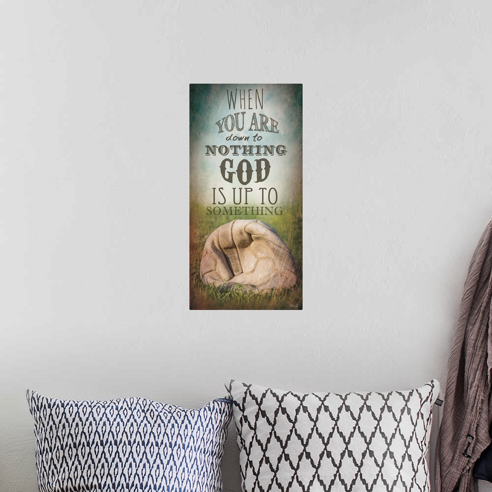 A bohemian room featuring An inspirational religious typography design with a deflated ball.