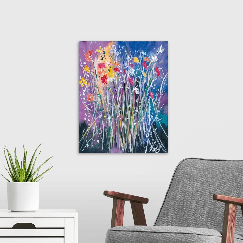 A modern room featuring A group of wildflowers with white stems growing against a vibrantly colored background.