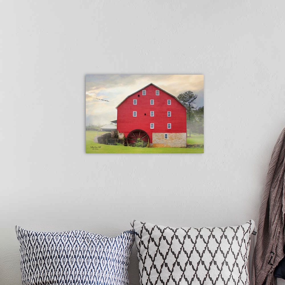 A bohemian room featuring Photograph of a red barn in a misty landscape with the title, Will Grove Mill, in the bottom left...