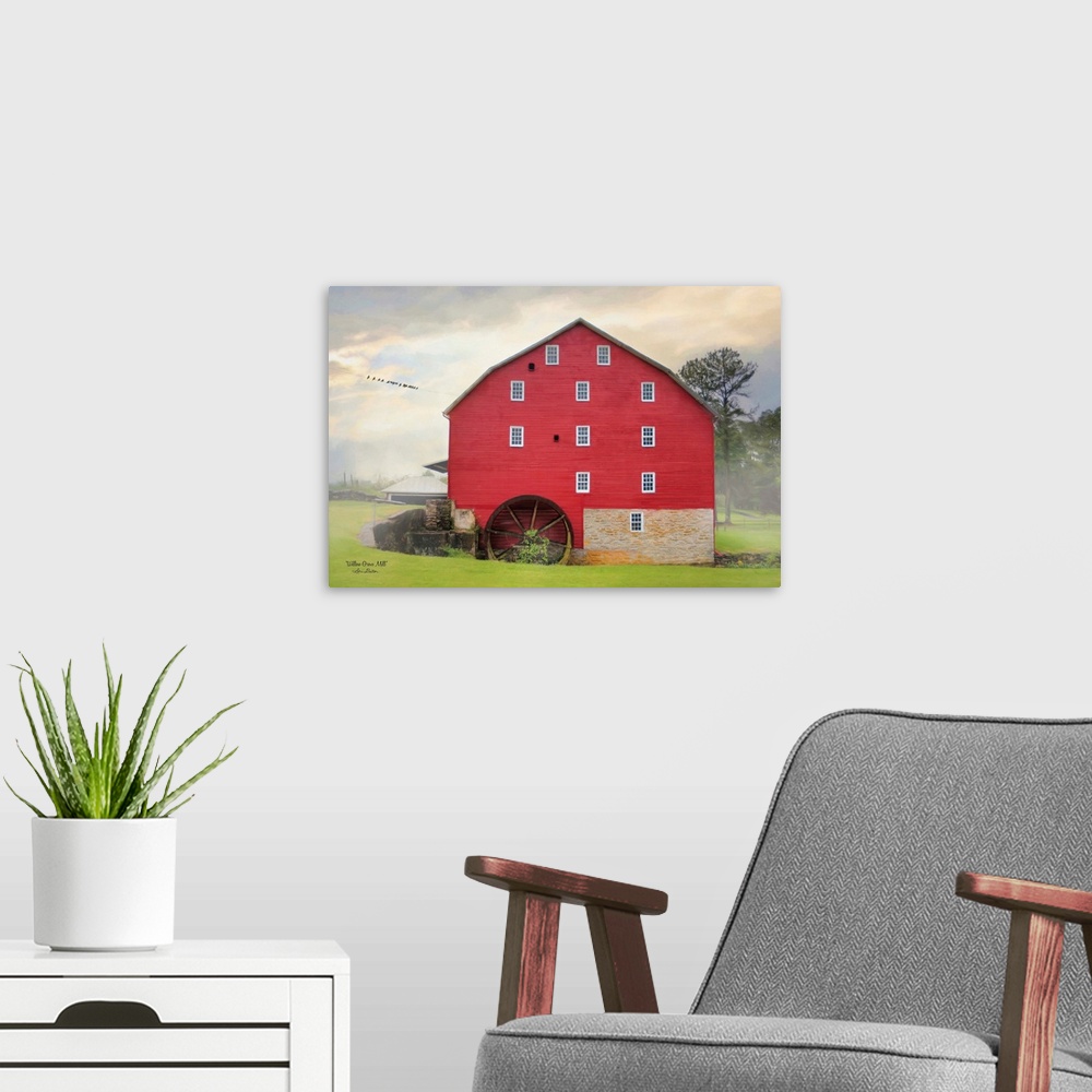 A modern room featuring Photograph of a red barn in a misty landscape with the title, Will Grove Mill, in the bottom left...