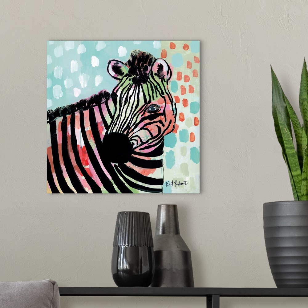 A modern room featuring Wilma the Zebra