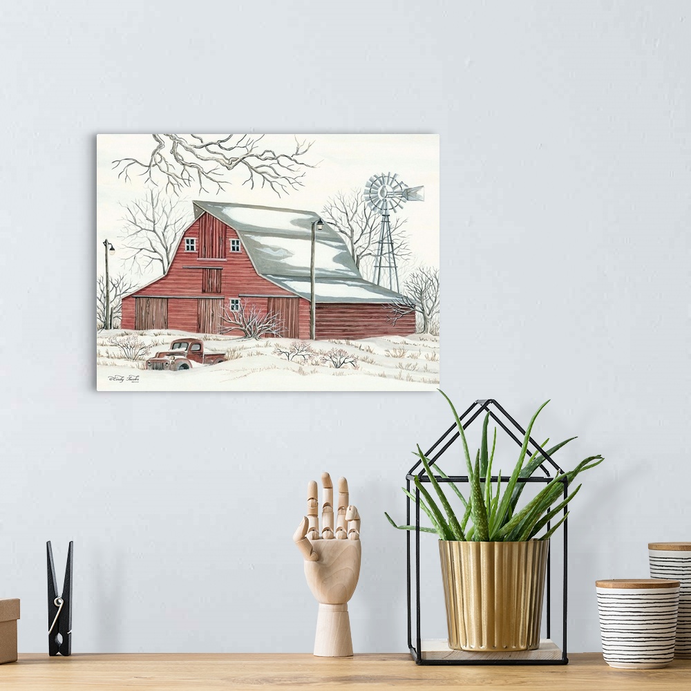 A bohemian room featuring Winter Barn with Pickup Truck