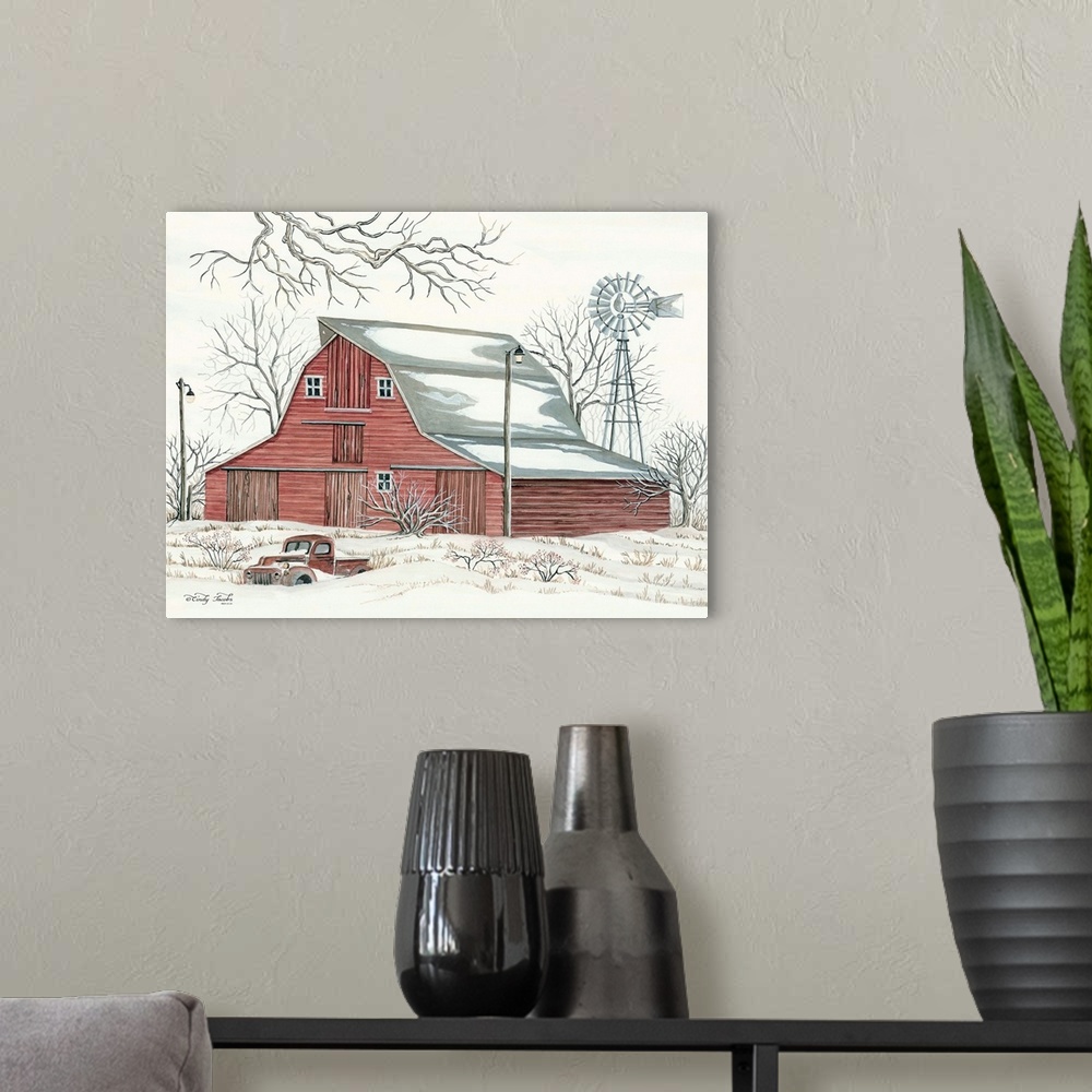 A modern room featuring Winter Barn with Pickup Truck