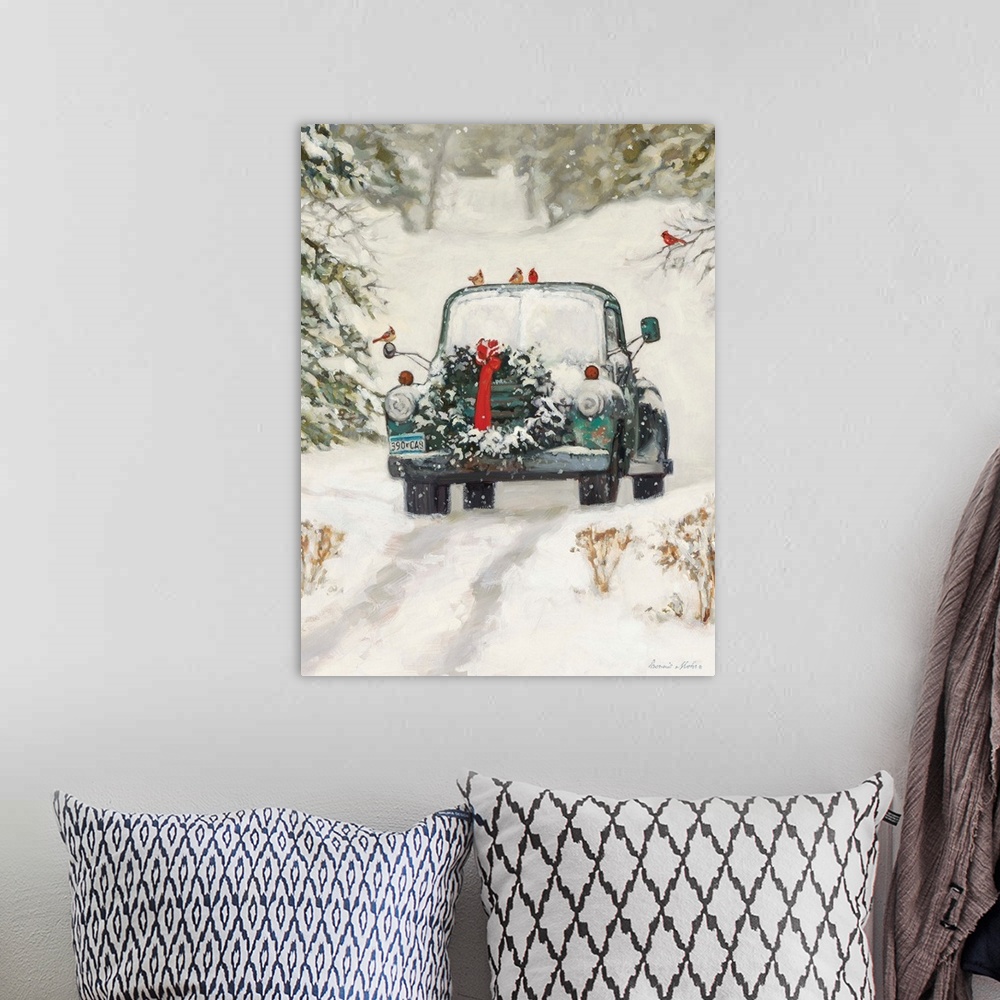 A bohemian room featuring A truck with a Christmas wreath sitting in the snow in a forest.