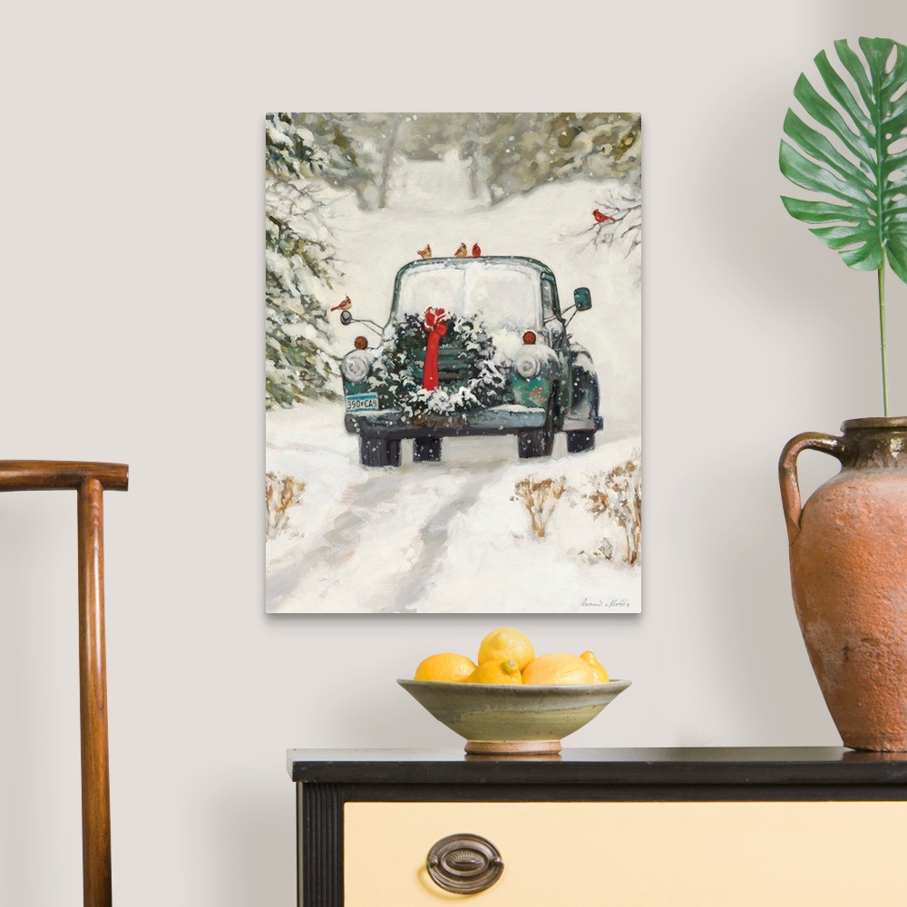 A traditional room featuring A truck with a Christmas wreath sitting in the snow in a forest.