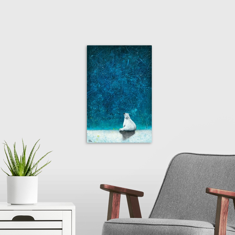 A modern room featuring Painting of a polar bear looking up at the stars.