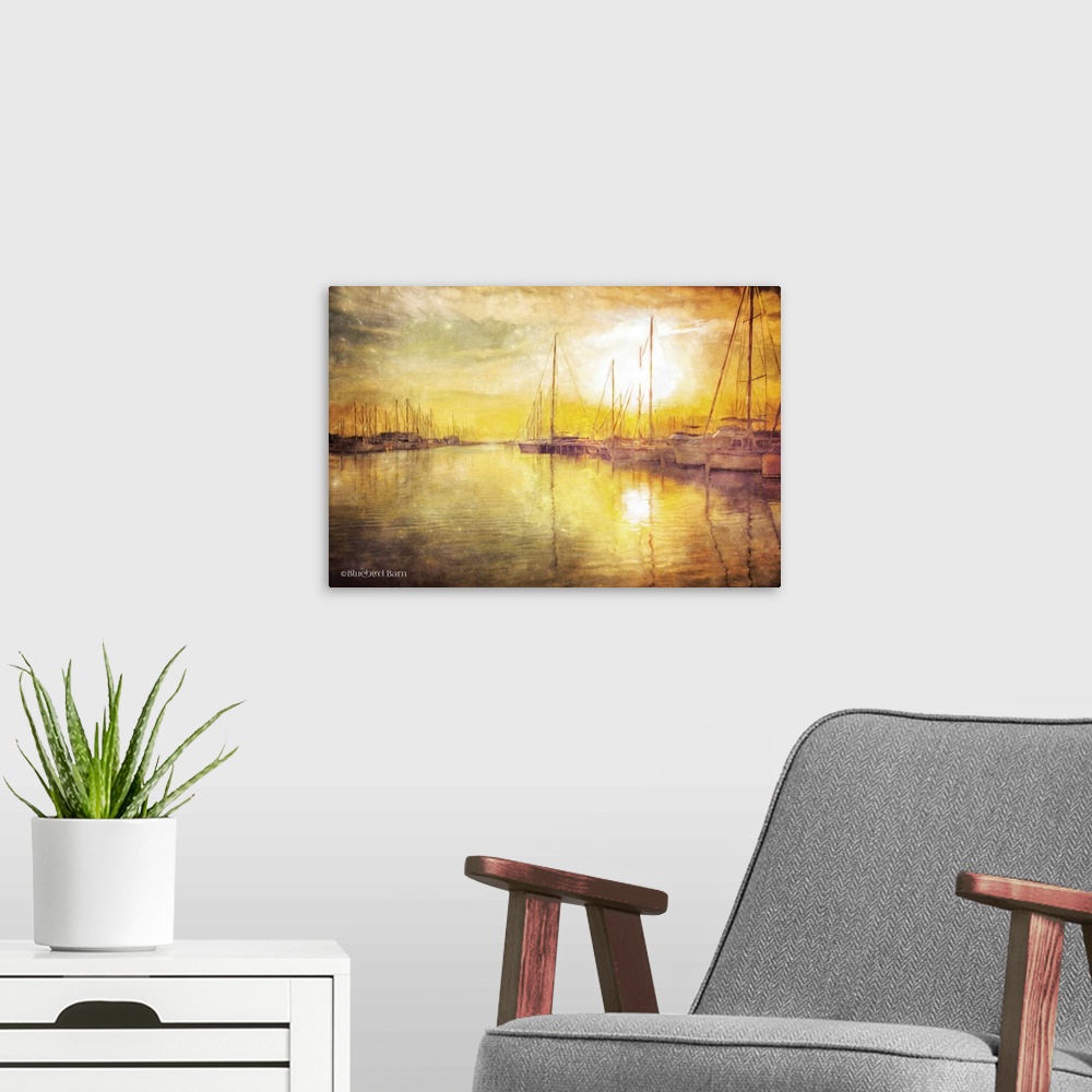 A modern room featuring Yellow Sunset Boats in Marina