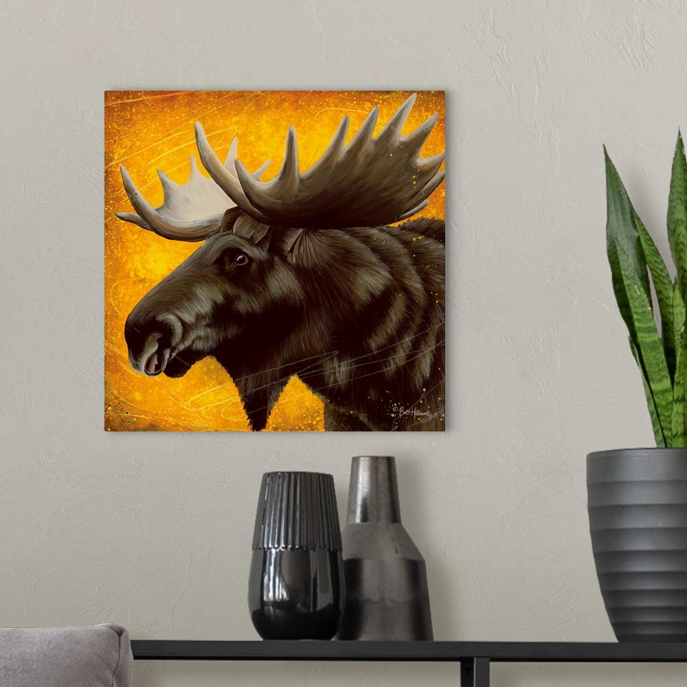 A modern room featuring Contemporary portrait of a bull moose with large antlers.