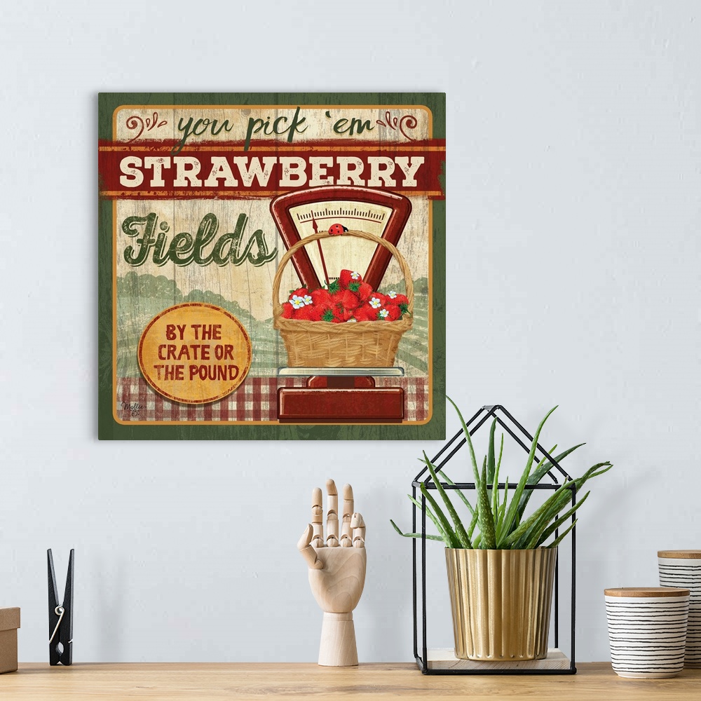A bohemian room featuring Vintage style sign with a weathered wood effect for strawberries.