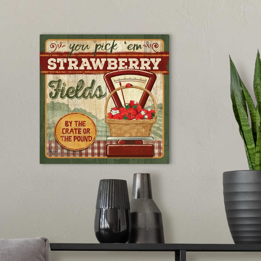 A modern room featuring Vintage style sign with a weathered wood effect for strawberries.