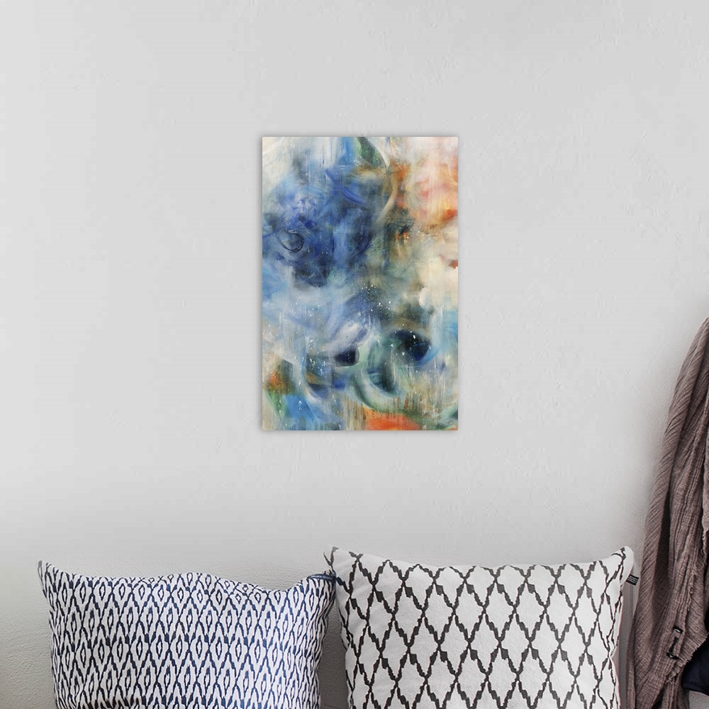A bohemian room featuring A contemporary abstract painting resembling a nebula.