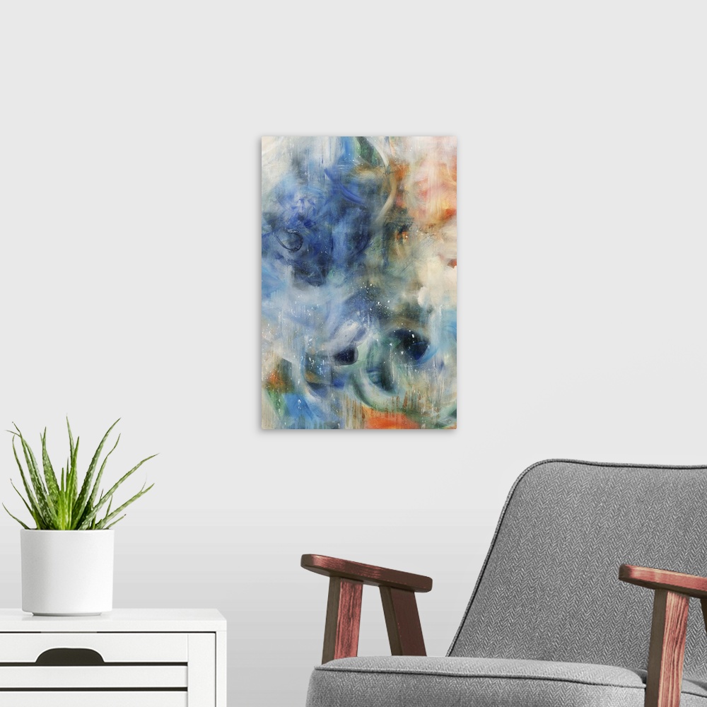 A modern room featuring A contemporary abstract painting resembling a nebula.