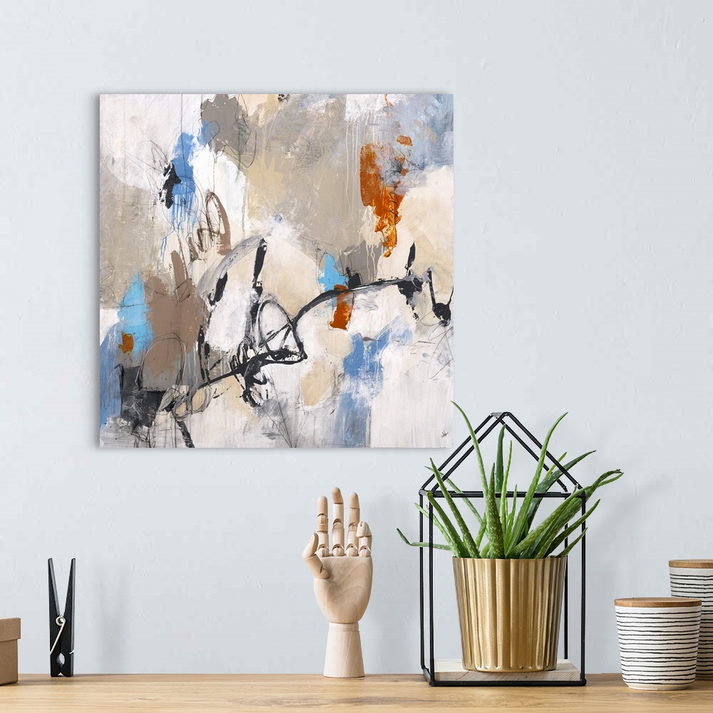 A bohemian room featuring Square abstract painting with clusters of neutral colors on the background and pops of bright ora...