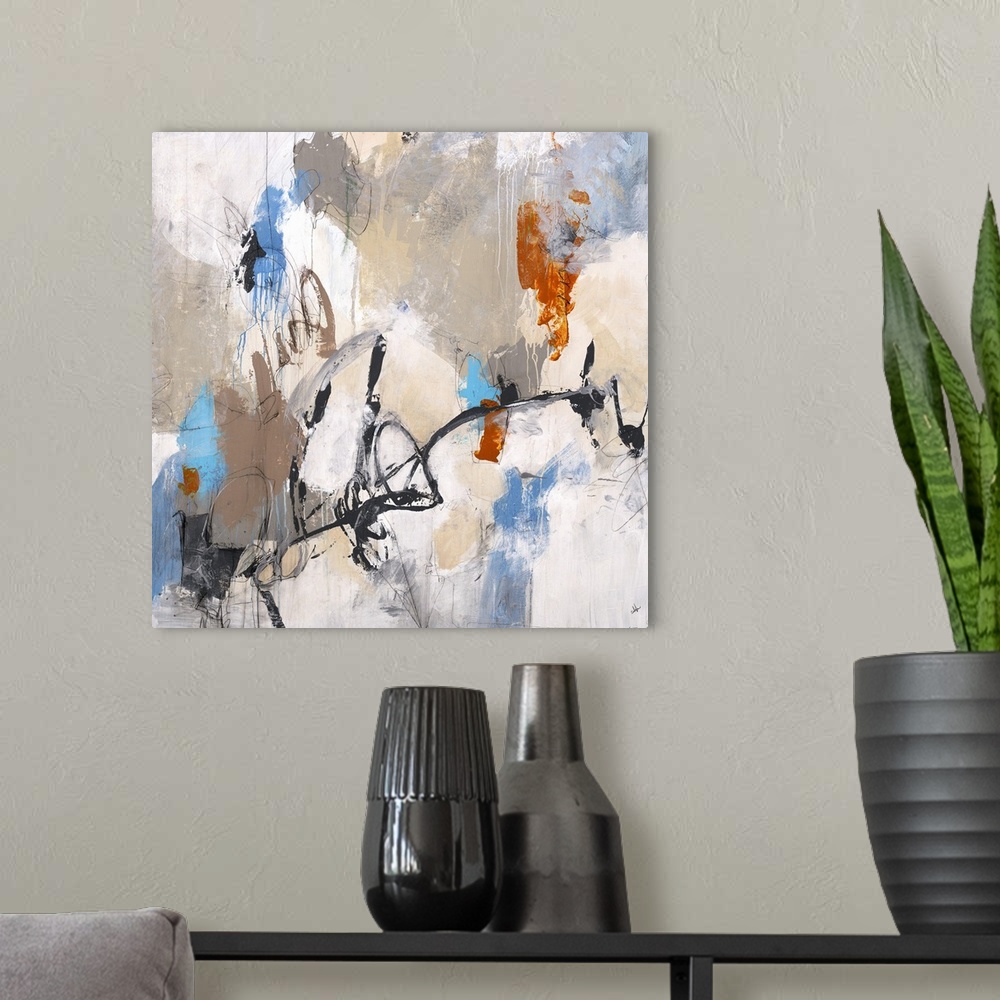 A modern room featuring Square abstract painting with clusters of neutral colors on the background and pops of bright ora...