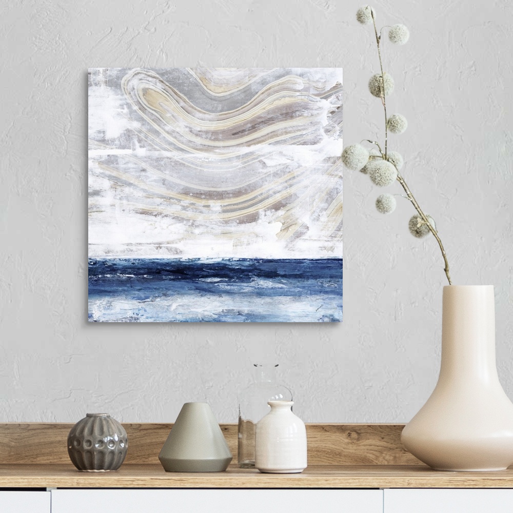 A farmhouse room featuring Square abstract painting with a faint, curved line design up top in neutral colors and covered in...
