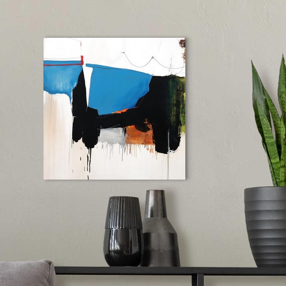 A modern room featuring Square abstract art with a line of connecting shapes going through the middle and falling towards...